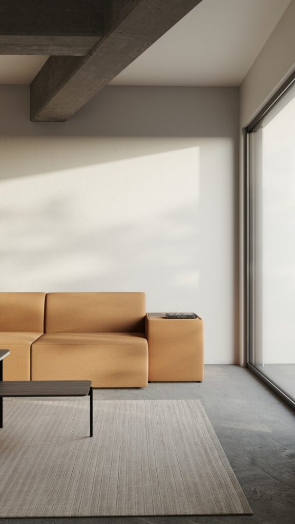 Dublex — Rectangular coffee table with dark metal legs in front of a beige sofa in a modern living room, striped rug on the floor