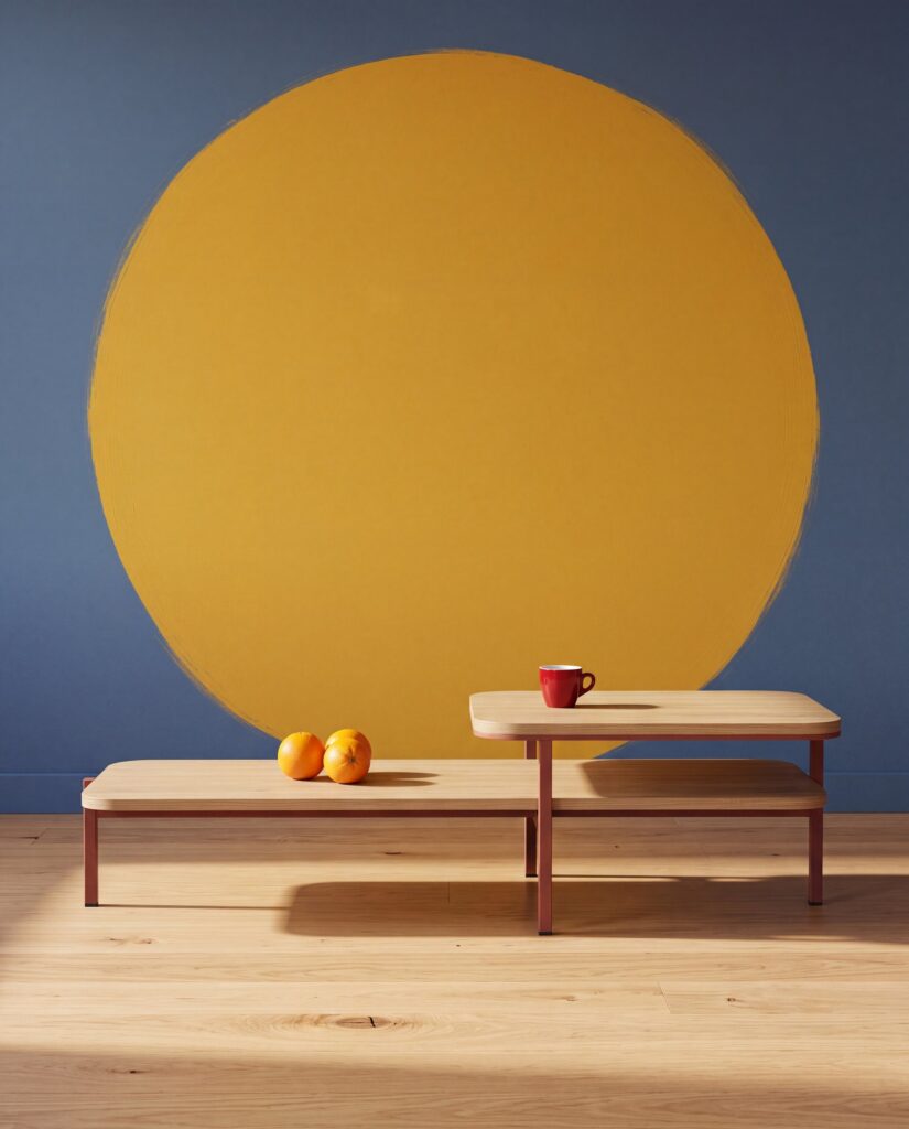 Dublex — Two-piece rectangular coffee tables with light wood tops and burgundy metal legs in a room with a yellow circle pattern on the wall