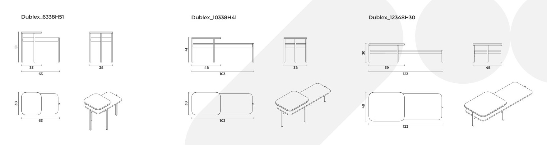 Dublex — technical dimension drawing: front, side, top and perspective views