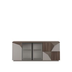 Fly — A modern console with wooden and gray panels, and glass doors, on a white studio background