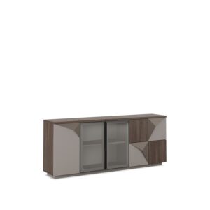 Fly — A modern console in wood and gray, with glass doors and geometric patterns, on a white studio background