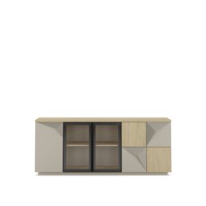 Fly — Modern console with light wood top, beige and wood doors, and glass doors in the middle, on a white studio background