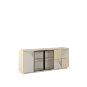 Fly — A modern console in light wood and beige with glass-doored sections, on a white studio background