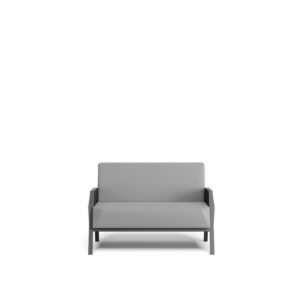 Fly — Two-seater sofa with grey fabric upholstery and dark metal frame, on a white studio background