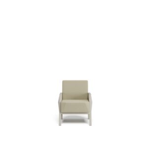 Fly — Single armchair with beige fabric upholstery and light wood frame, on a white studio background