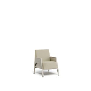 Fly — Single armchair with beige fabric upholstery and grey metal frame, on a white studio background