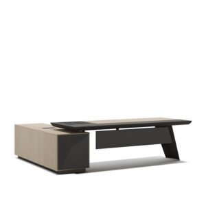 Fly — Modern executive desk with drawers in light wood and dark gray colors on a white studio background