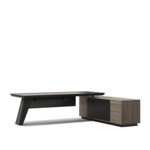 Fly — Modern executive desk with wood and black details, standing on a white studio background