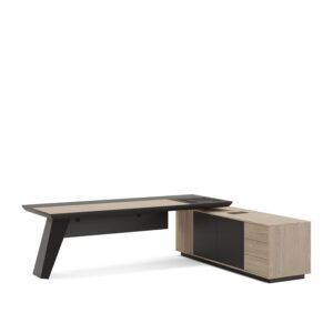 Fly — Light wood and dark gray executive desk with drawers and cabinets, on a white studio background