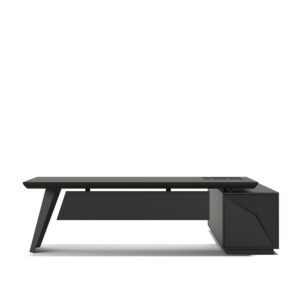 Fly — Dark modern executive desk with an angled left leg and drawers on the right side, on a white studio background