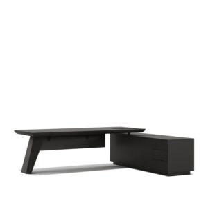 Fly — Black executive desk with a leg on the left and drawers and cabinets on the right, on a white studio background