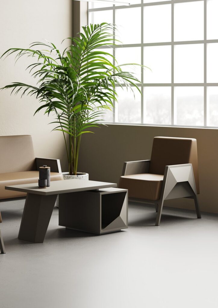 Fly — Gray console table with beige armchairs and a large plant in a modern office lobby in gray and beige tones
