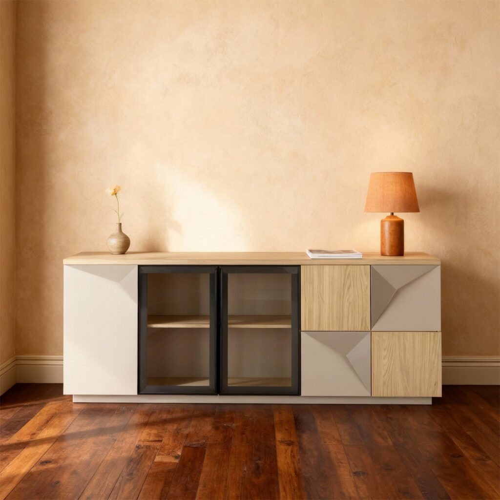 Fly — A light wood and beige console with glass doors, with a vase and lamp on top in an office setting