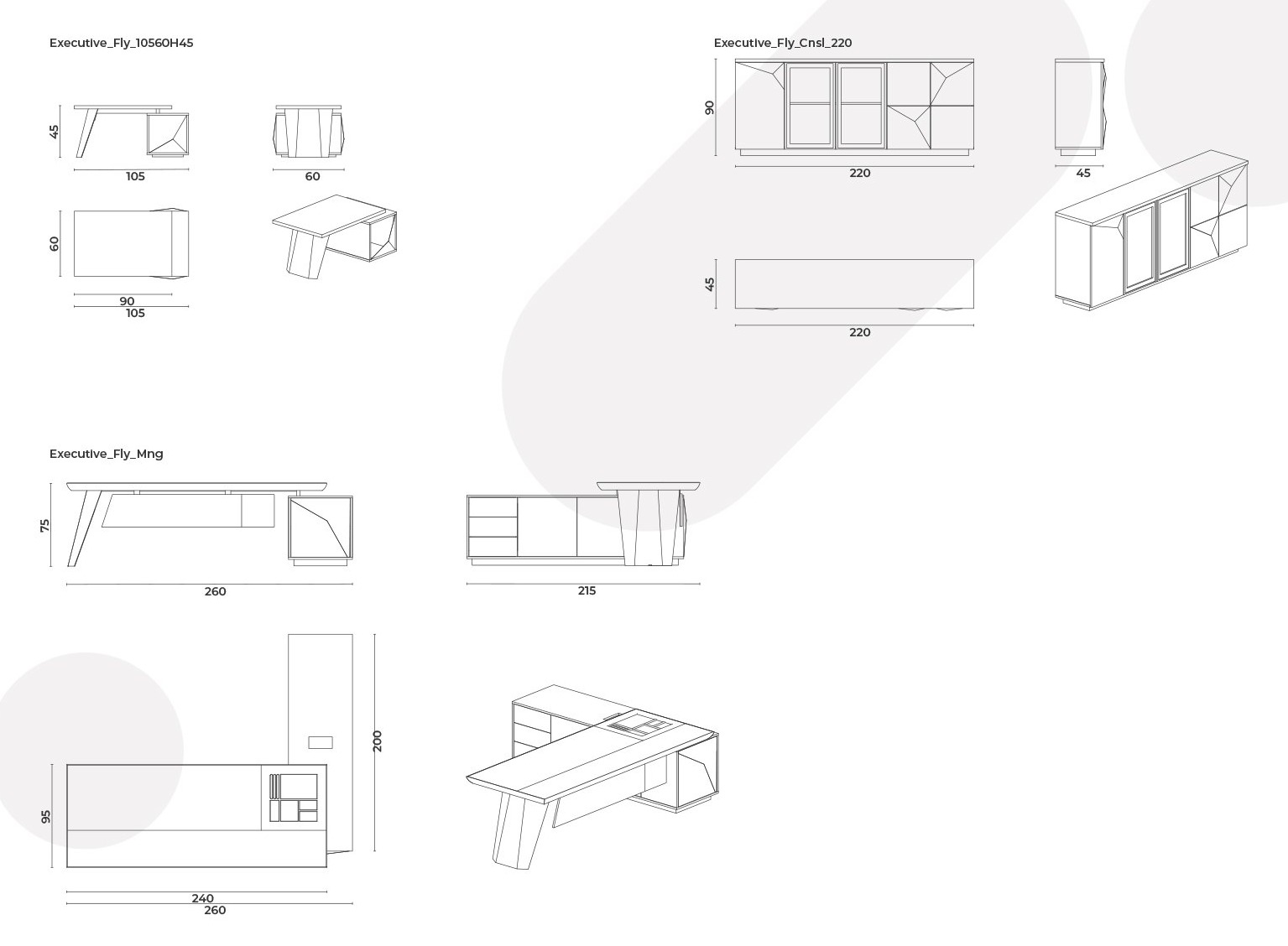 Fly — technical dimension drawing: front, side, top and perspective views
