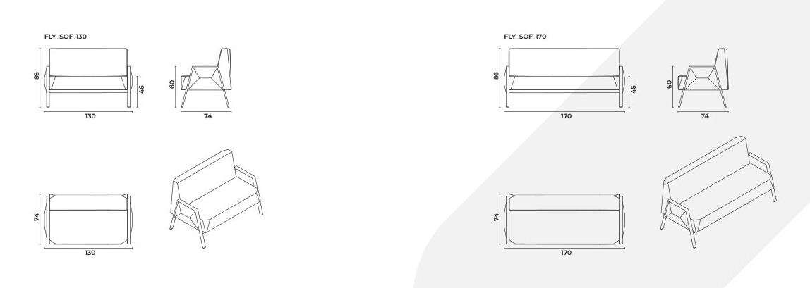 Fly — technical dimension drawing: front, side, top and perspective views
