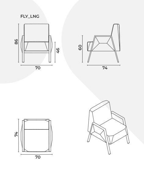 Fly — technical dimension drawing: front, side, top and perspective views