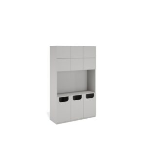 Layer Dolap — Light gray wooden cabinet with six-door upper section and three-drawer lower section on a white studio background