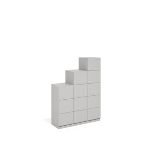 Layer Dolap — A light gray, modular cabinet unit rising in a step-like shape on a white studio background