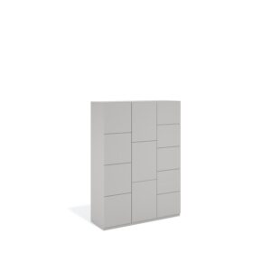 Layer Dolap — A modern light gray cabinet with doors of various sizes on a white studio background