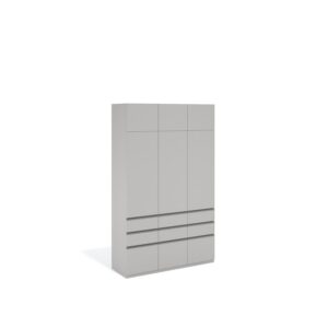 Layer Dolap — A light gray, modern wardrobe with three doors and three drawers, on a white studio background