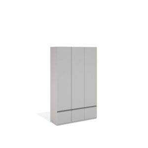 Layer Dolap — A modern light gray wardrobe with three doors and three drawers on a white studio background