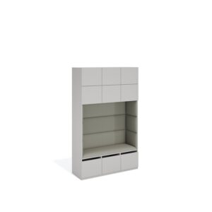 Layer Dolap — A light gray wood cabinet with fabric details, upper cabinets with doors, a seating area in the middle, and drawers at the bottom, on a white studio background