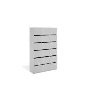 Layer Dolap — A modern, light gray cabinet with eighteen drawers in six rows and three columns, on a white studio background