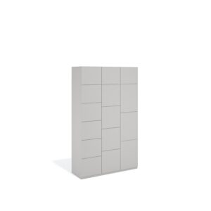 Layer Dolap — A modern light gray cabinet with doors of varying sizes on a white studio background