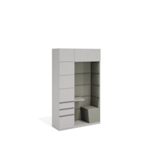 Layer Dolap — Grey cabinet with drawers and doors, integrated with a green fabric-covered single workstation on a white studio background