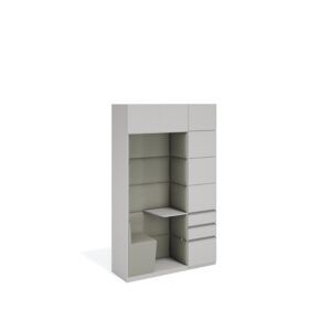 Layer Dolap — Light gray cabinet with compartments and drawers, featuring a seating area and work surface, on a white studio background