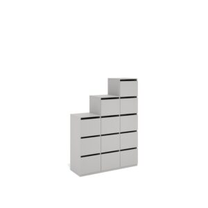 Layer Dolap — A modern, stepped, light gray cabinet with twelve drawers stands on a white studio background