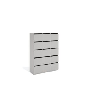 Layer Dolap — A modern light gray wooden cabinet with fifteen drawers on a white studio background