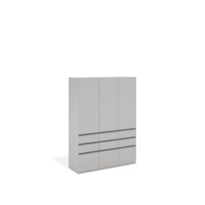 Layer Dolap — A modern light gray wardrobe with three doors and six drawers on a white studio background