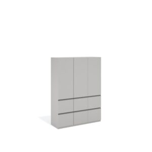 Layer Dolap — A light gray, modern wardrobe with three doors and six drawers, on a white studio background