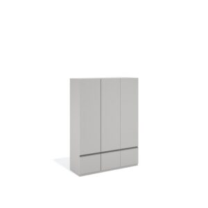 Layer Dolap — Light gray wooden wardrobe with three doors and three drawers on a white studio background