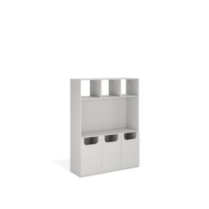 Layer Dolap — White wooden cabinet with open shelves on top and three closed drawers at the bottom, on a white studio background