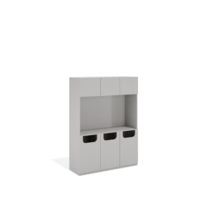Layer Dolap — Light gray wooden cabinet with three doors and three drawers on a white studio background