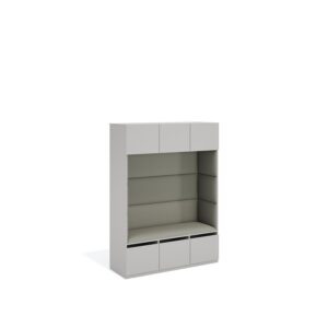 Layer Dolap — A light gray wood and fabric upholstered bench unit with cabinet compartments at top and bottom, on a white studio background