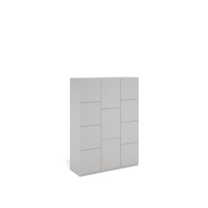 Layer Dolap — A modern light gray cabinet with doors of various sizes, on a white studio background