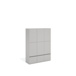Layer Dolap — A modern light gray cabinet with six doors and three drawers on a white studio background