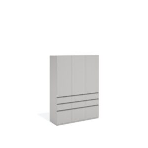 Layer Dolap — A modern light gray wardrobe with three doors and six drawers on a white studio background