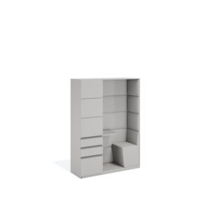 Layer Dolap — Gray cabinet with drawers and closed compartments, featuring a seating area on one side, on a white studio background
