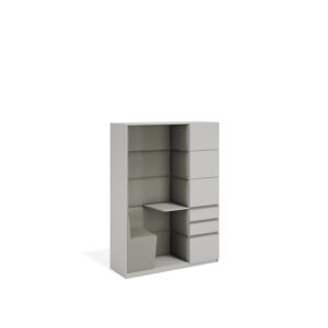 Layer Dolap — A gray wood and fabric cabinet with an integrated seating area and drawers on a white studio background