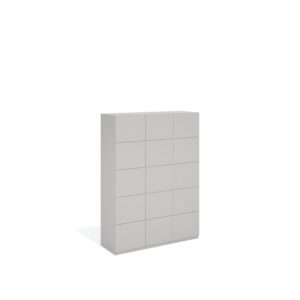 Layer Dolap — A simple, light gray cabinet with twelve doors on a white studio background