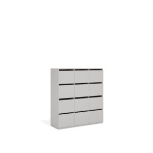 Layer Dolap — A modern light gray cabinet with twelve drawers on a white studio background