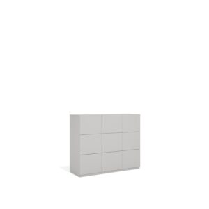 Layer Dolap — A modern light gray cabinet with six drawers on a white studio background
