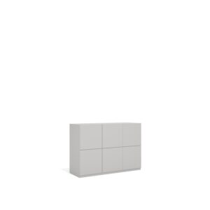 Layer Dolap — Light gray wooden cabinet with six doors and a minimalist design on a white studio background