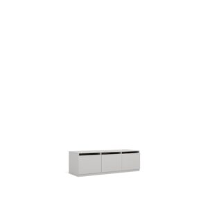 Layer Dolap — A modern gray cabinet with three doors and three open compartments on top, on a white studio background