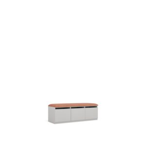 Layer Dolap — Light gray wooden cabinet with three doors and an orange fabric cushion on top, on a white studio background