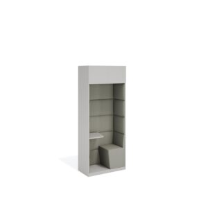 Layer Dolap — A light gray wooden vertical phone booth with gray panels and a seating area, on a white studio background